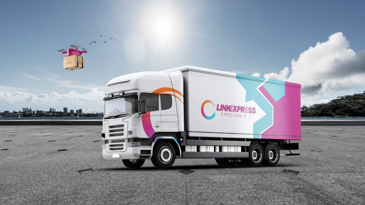 LINKEXPRESS delivery truck with drone technology showcasing modern logistics solutions